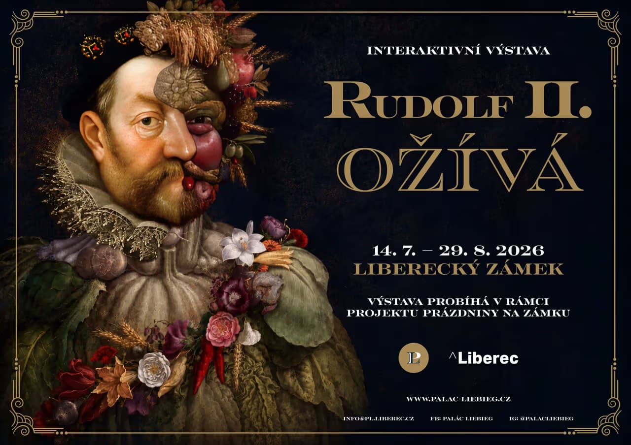 The portrait of Rudolf II made of fruits and vegetables advertises an interactive exhibition at Liberec Castle.