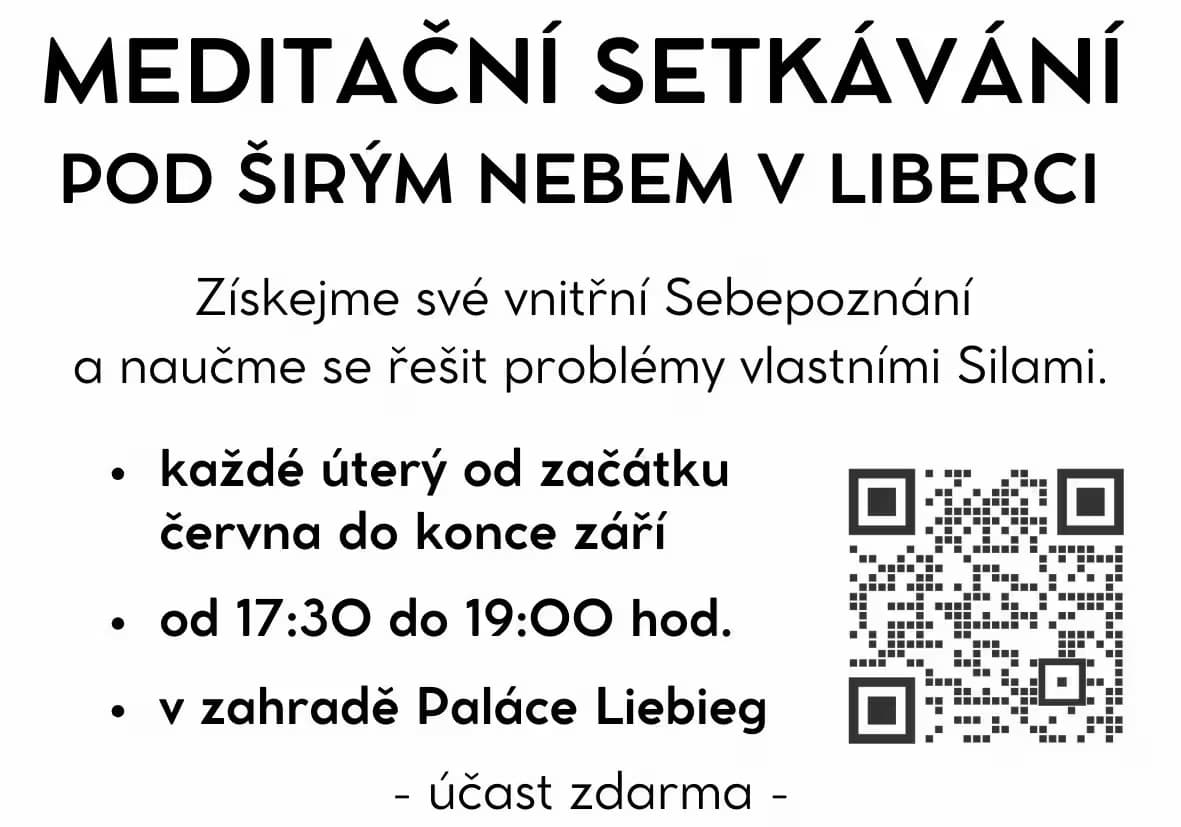 Flyer for an outdoor meditation gathering in Liberec with a QR code and event details.