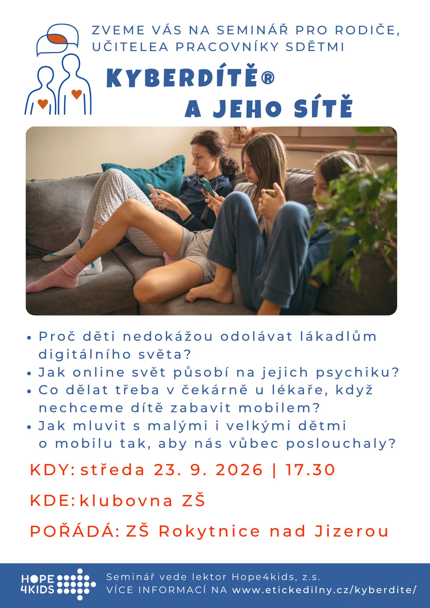 A seminar poster about children and digital technology with a photo of a family looking at phones.
