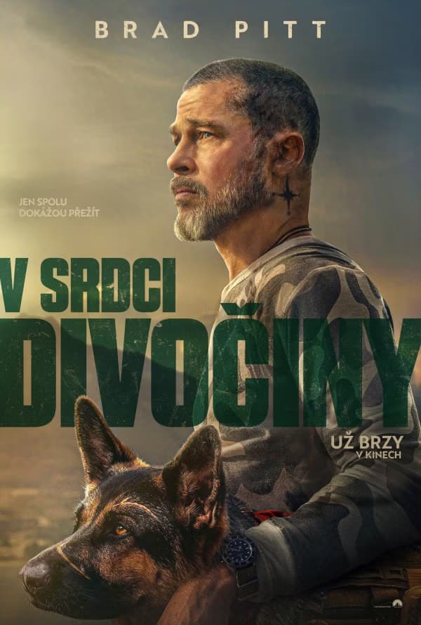 Profilový portrét herce Brada Pitta se psem německého ovčáka na pozadí v zamlžené krajině.