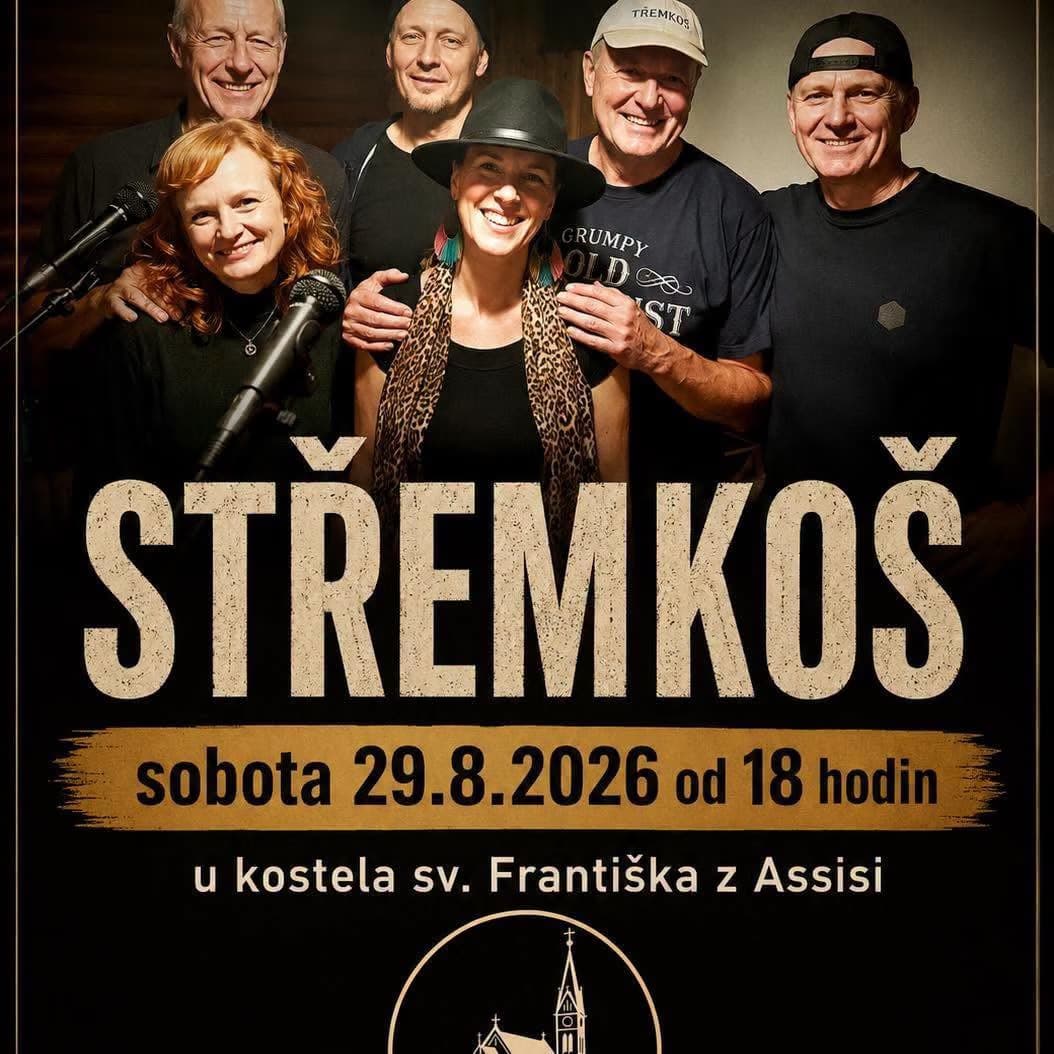 Five musicians posing for a group photo above an event text overlay.