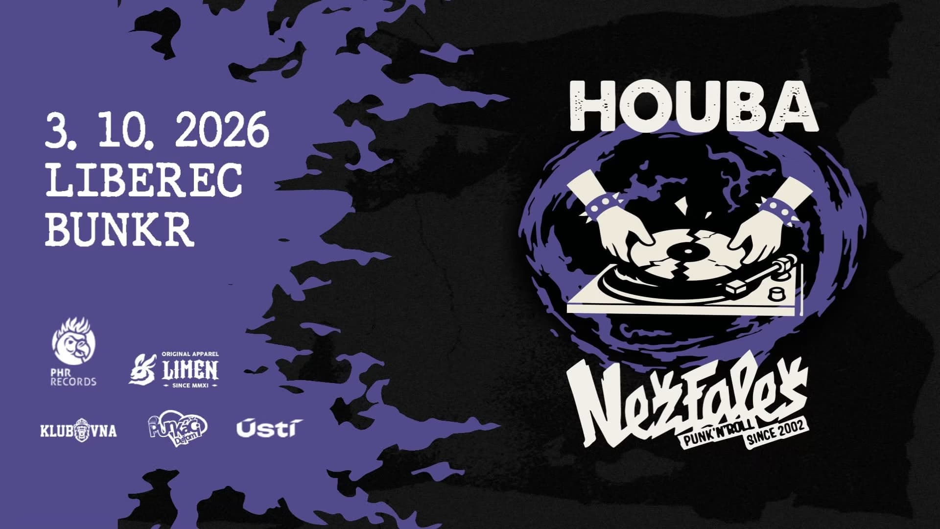 A purple and black concert poster advertises a gig by bands Houba and Nežfaleš in Liberec.