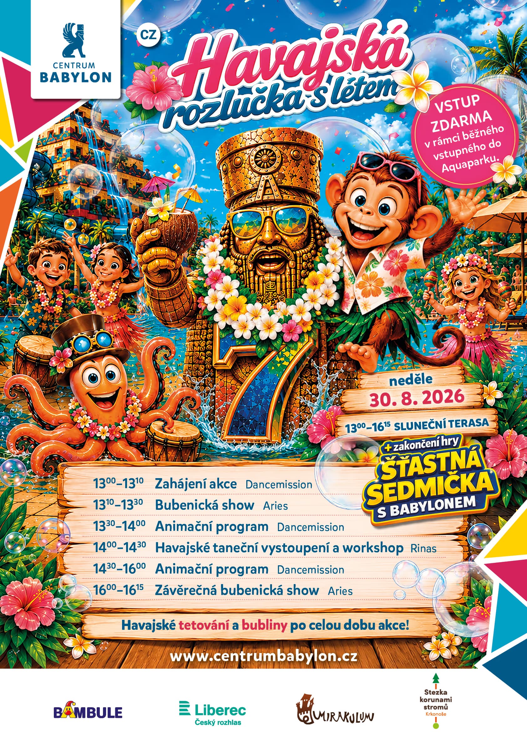 Promotional poster for a Hawaiian end of summer party featuring a tiki statue, monkey, and octopus.