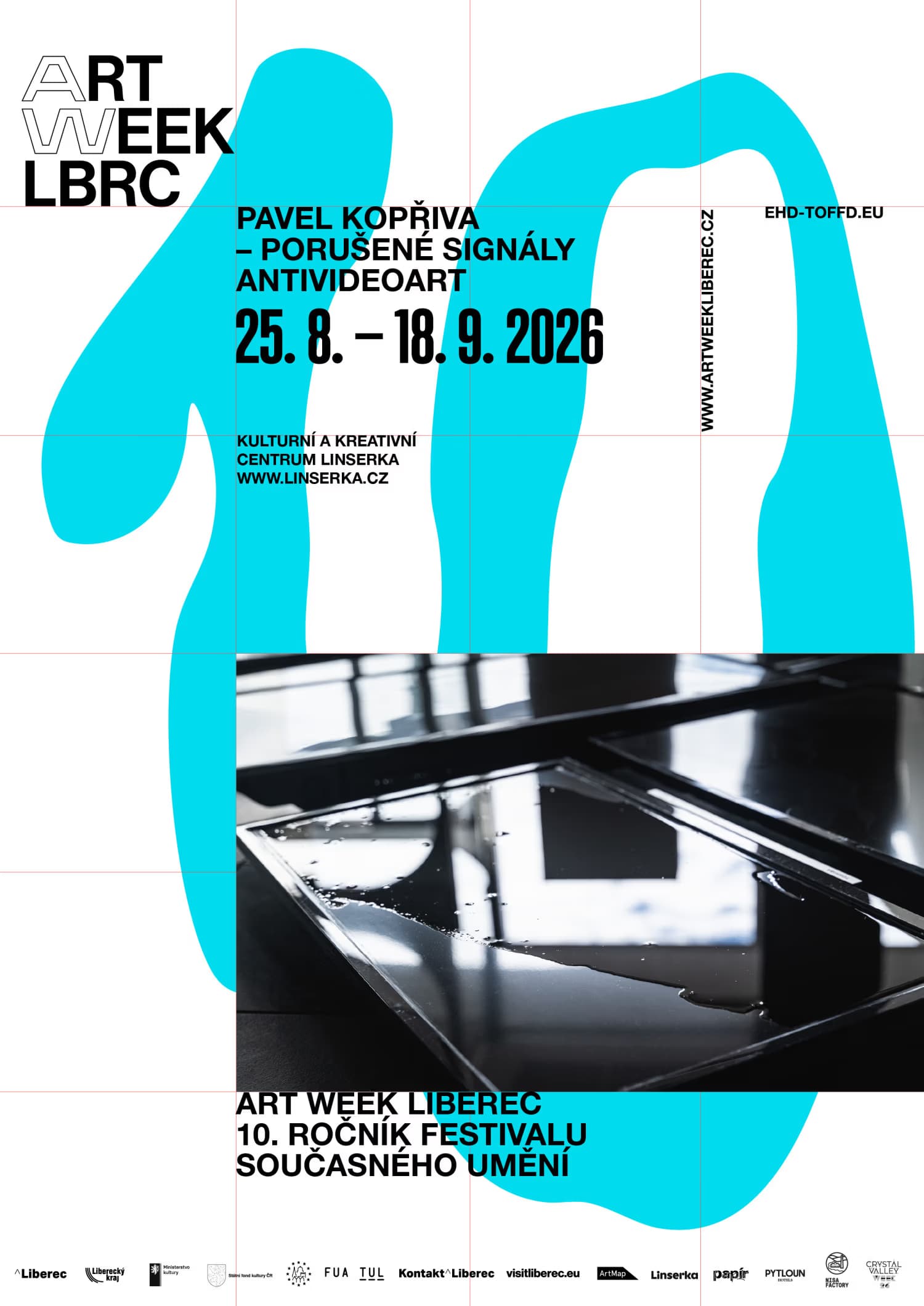 A promotional poster for Art Week Liberec with text and an abstract blue graphic background.