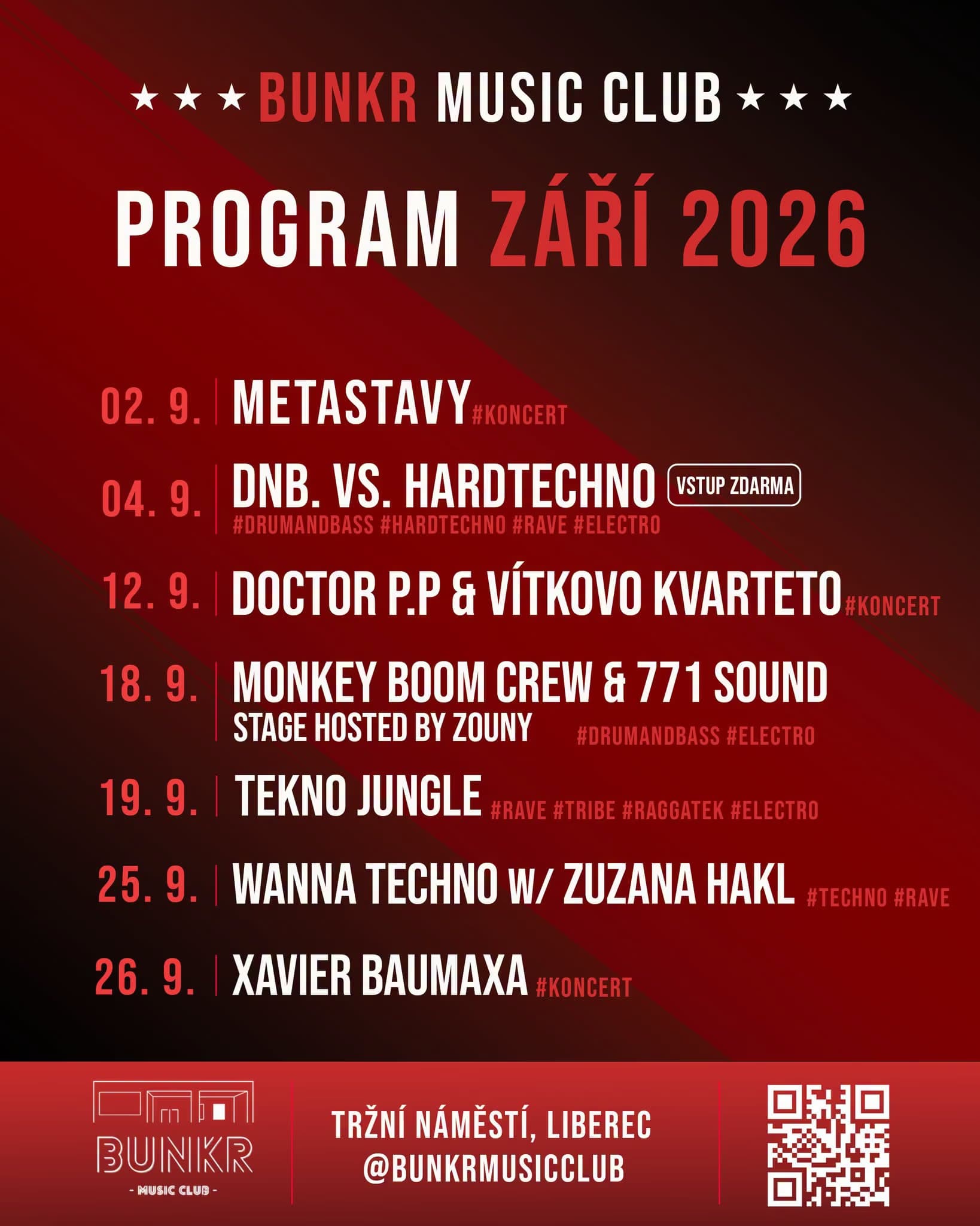 Program schedule for Bunkr Music Club in September 2026 with a list of music events.