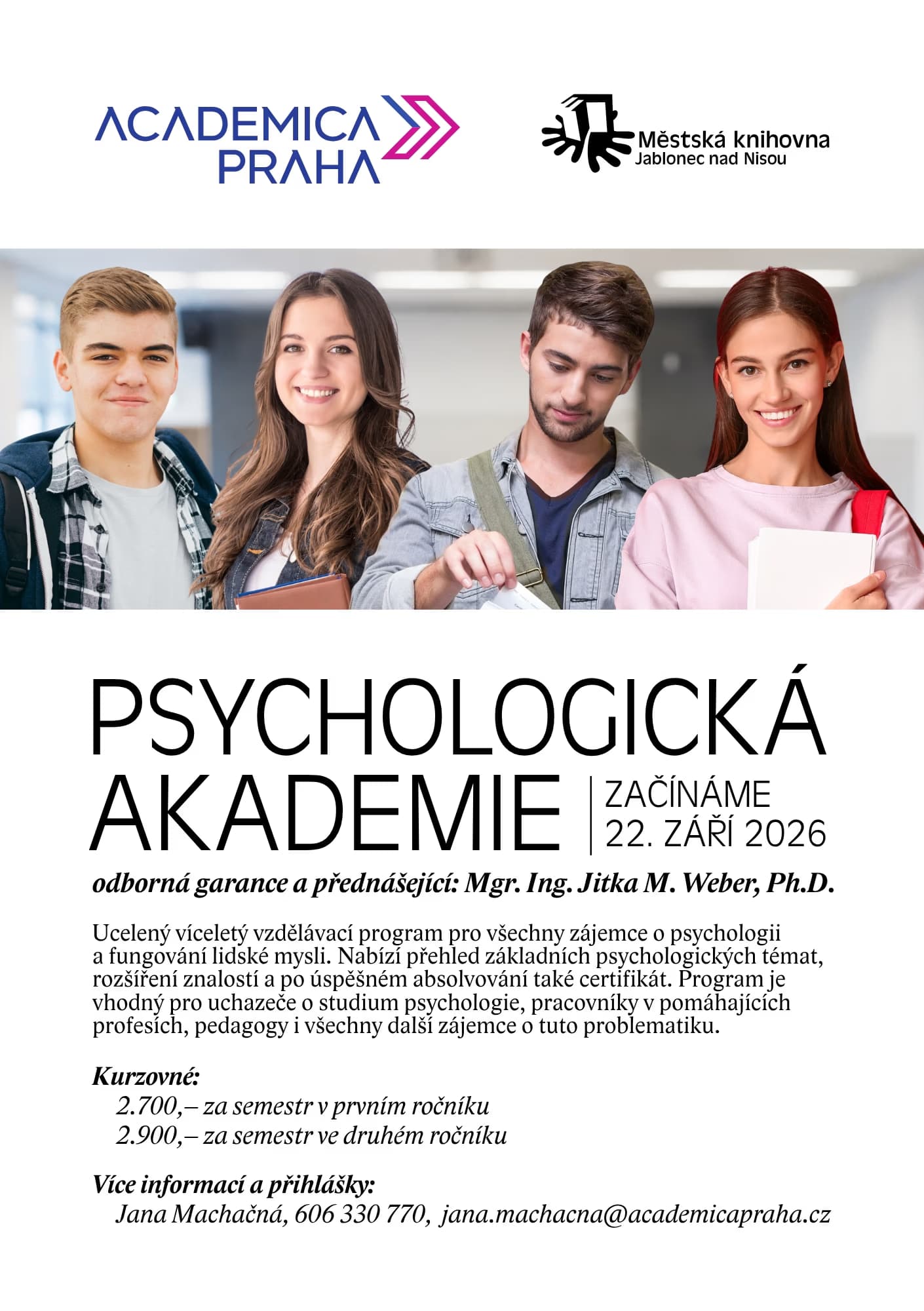 Four smiling students stand in a bright library setting, promoting a psychological academy course.