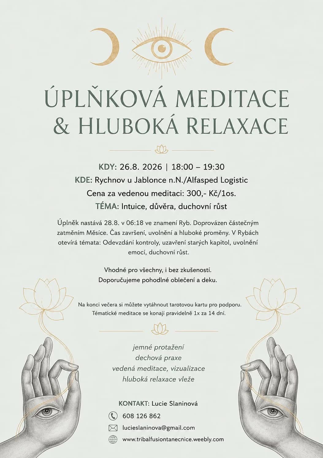 Ein helles Veranstaltungsplakat mit Strichzeichnungen von Händen, Lotusblüten und Augen für eine Meditation.