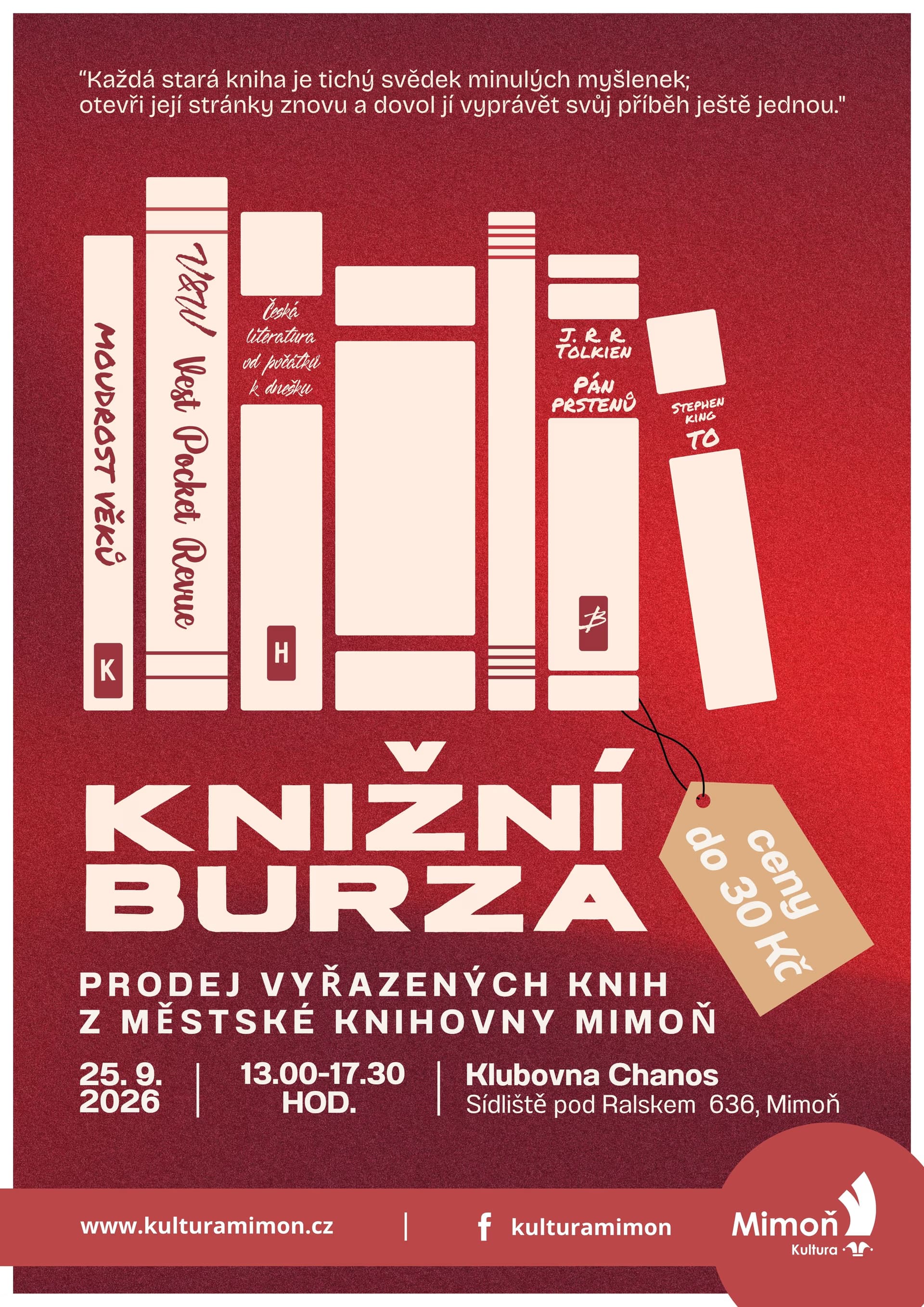 A book sale poster on red background features illustrations of book spines and event details.