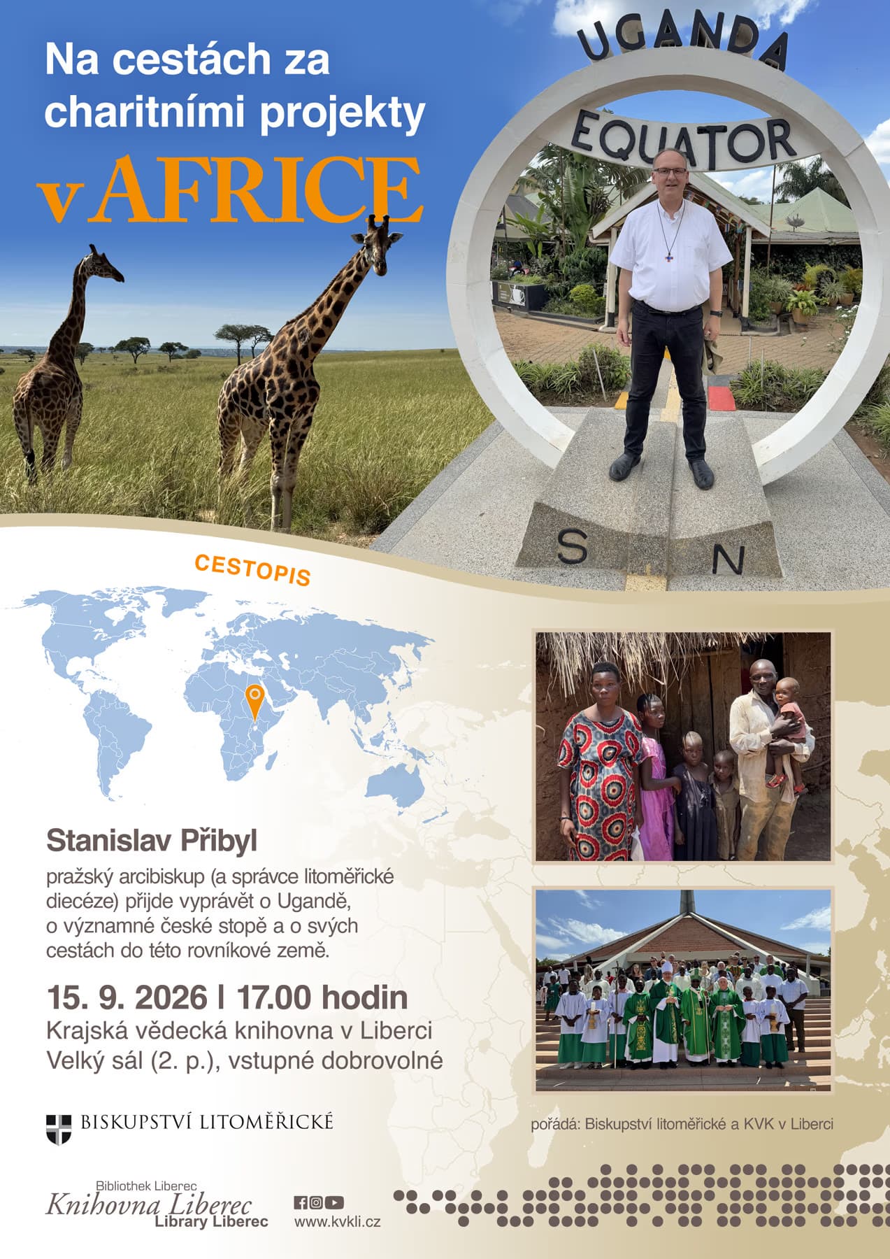 A lecture poster about travel and charity projects in Uganda featuring a speaker and photos of Africa.