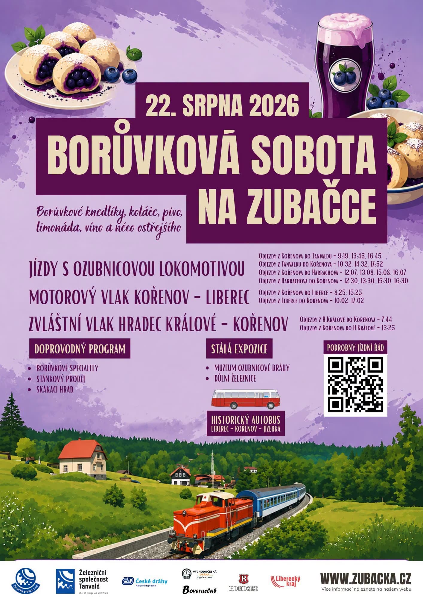 A promotional poster for a blueberry-themed train event, featuring illustrations of dumplings, beer, and a locomotive.