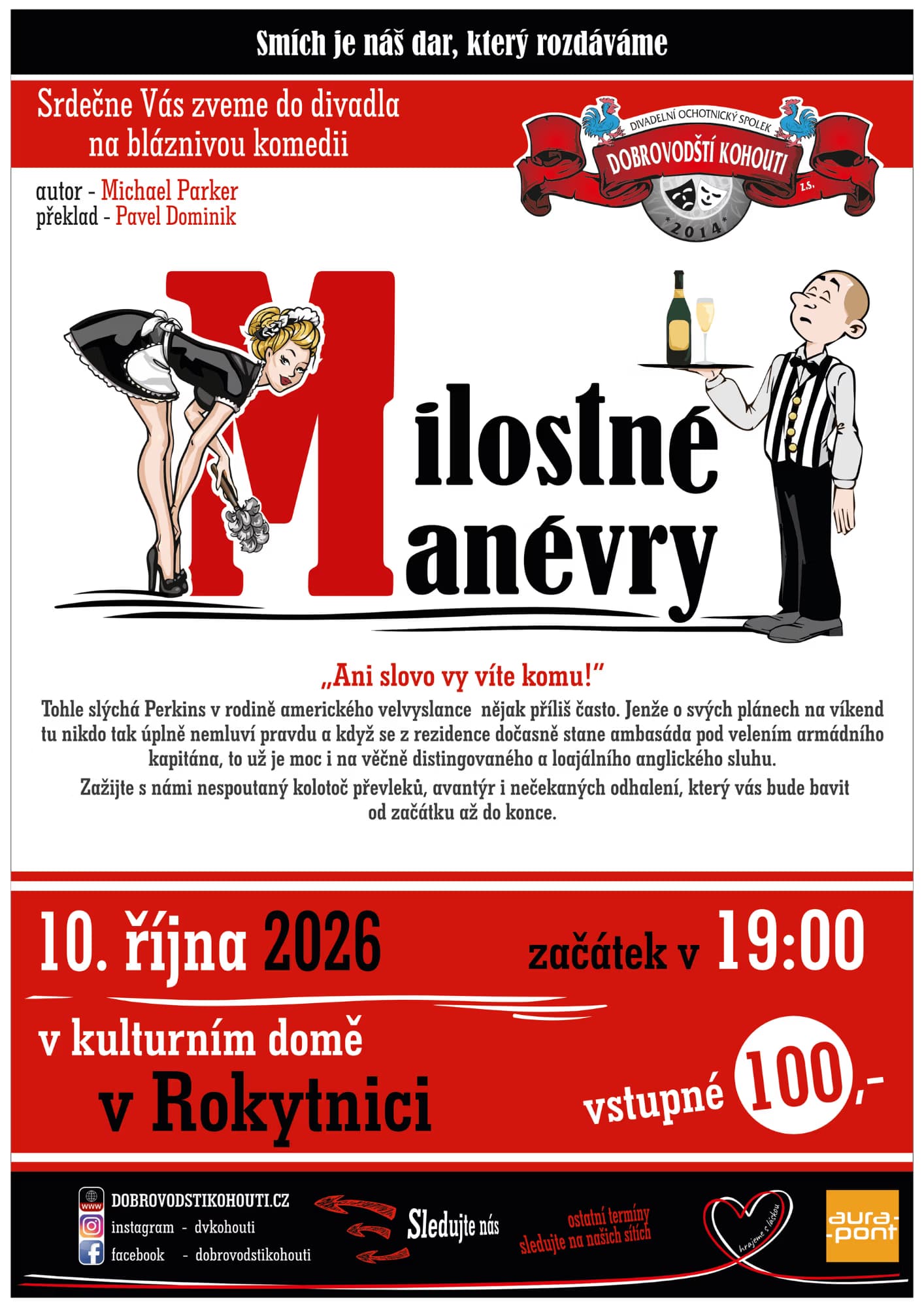 Plakat teatralny z rysunkiem pokojówki i kelnera promuje spektakl Milostné manévry w domu kultury w Rokytnicy.