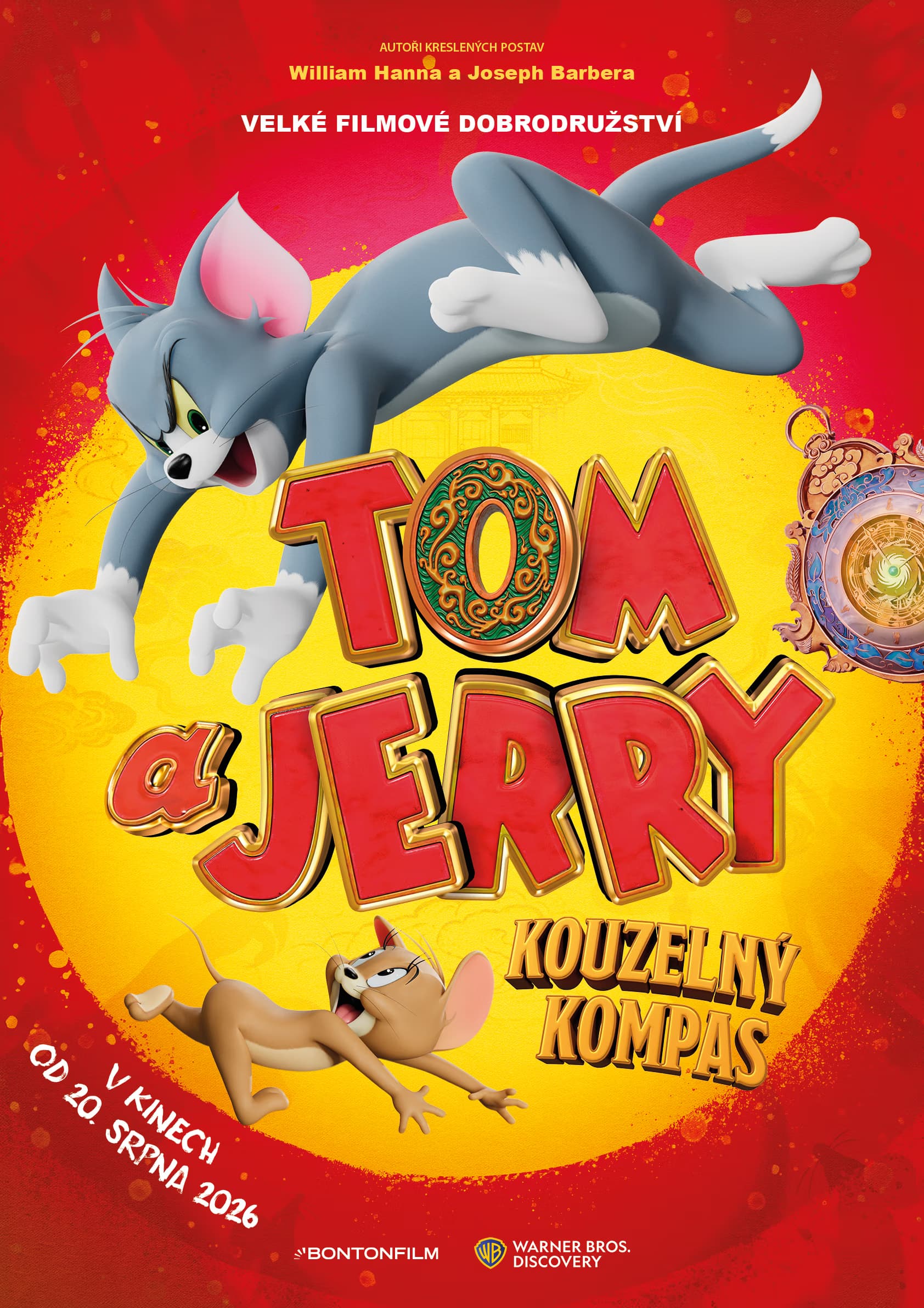 Postavy Toma a Jerryho skákající přes jasně žluté a červené pozadí filmového plakátu.