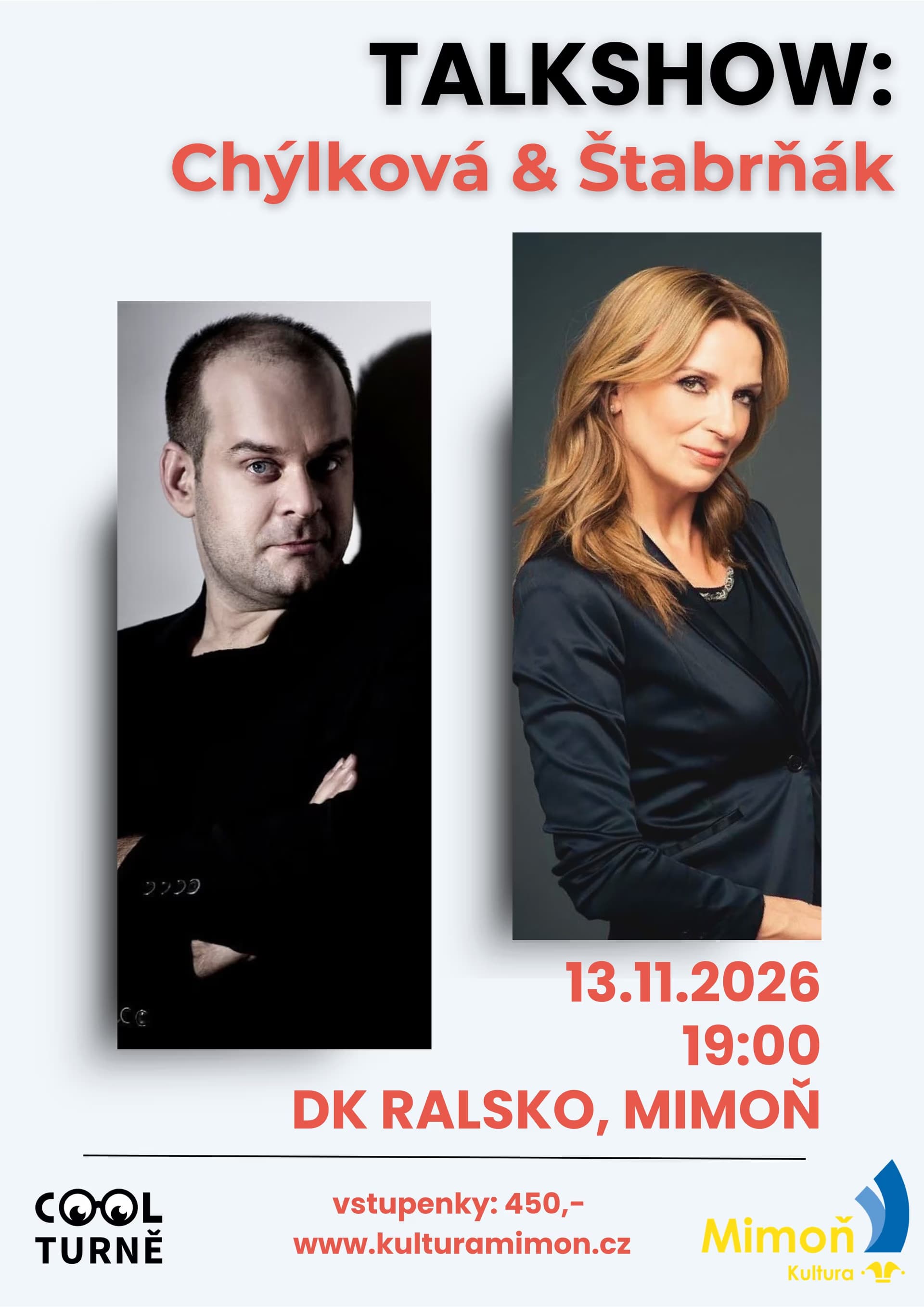 Veranstaltungsplakat für eine Talkshow mit den Schauspielern Ivana Chýlková und Jan Štabrňák in Mimoň.