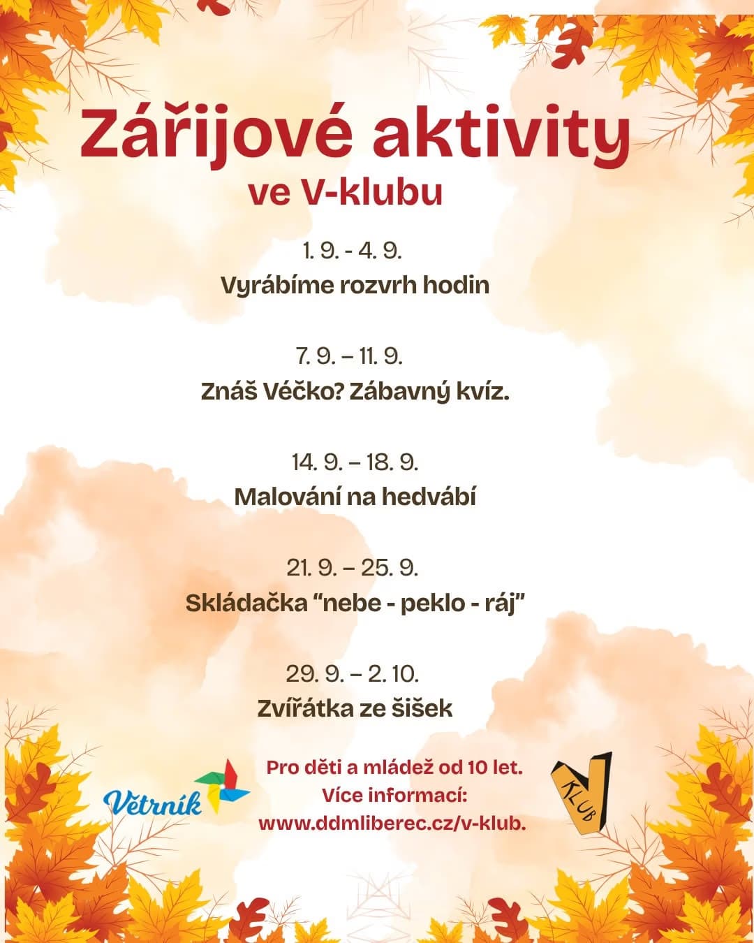 Ulotka z wrześniowymi zajęciami w klubie V-klub, ozdobiona jesiennymi liśćmi.