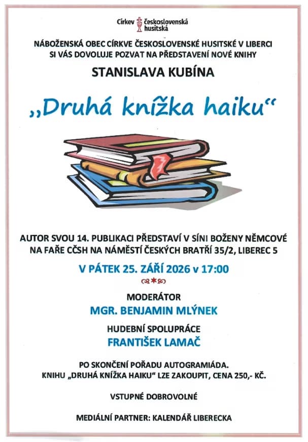 A flyer announcing a book presentation for Stanislav Kubín's haiku collection at the Liberec church.