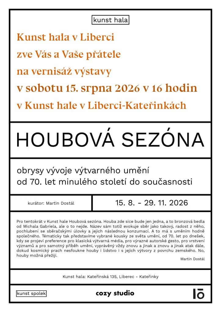 Minimalist exhibition poster for the art gallery Kunst hala in Liberec with black text on white background.