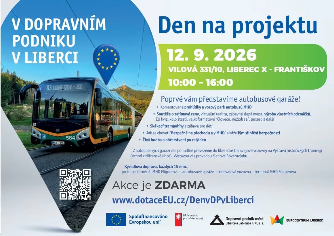 A public transport event poster featuring a city bus and the date 12. 9. 2026 in Liberec.