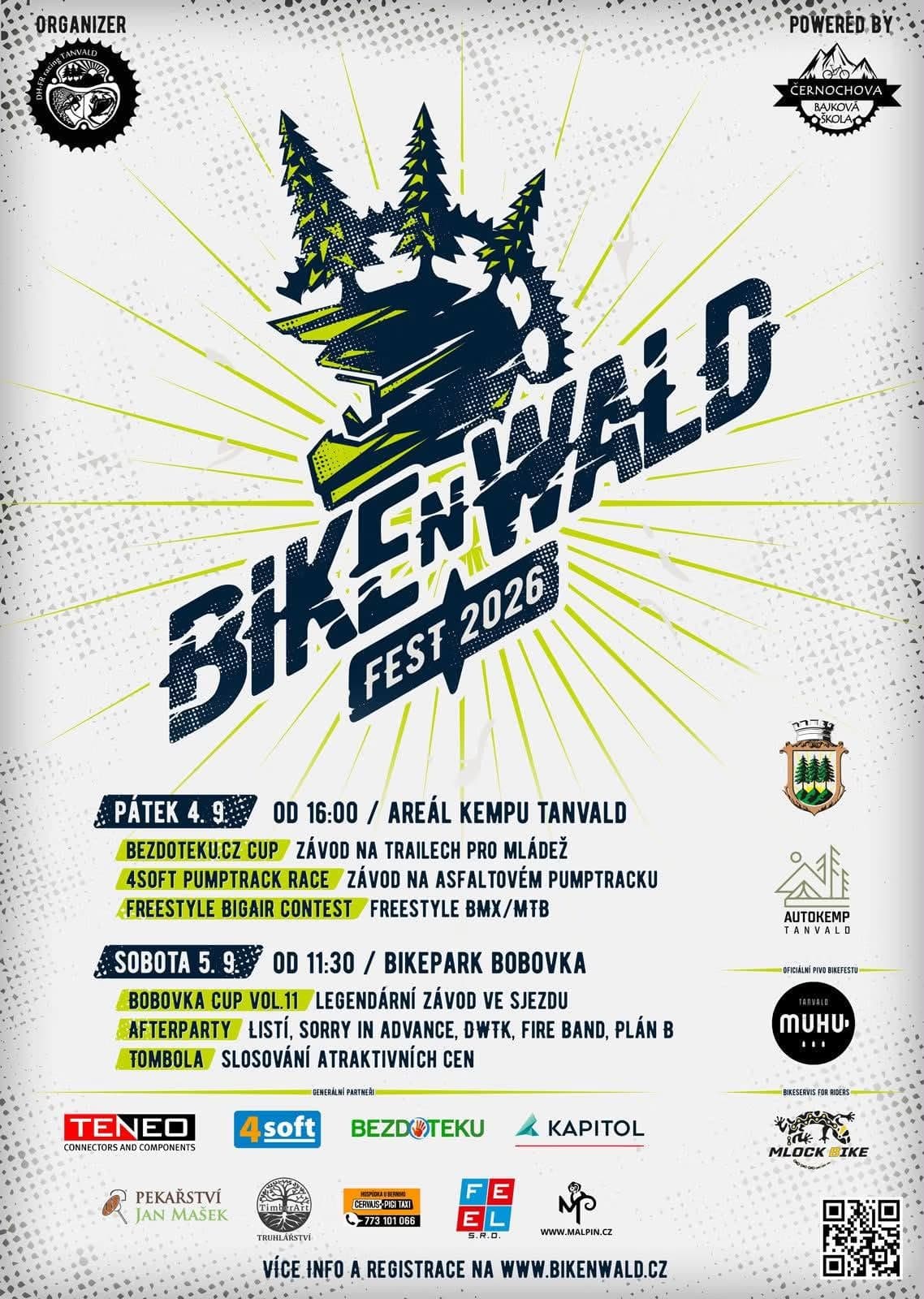 Graficzny plakat promujący Bike N Wald Fest 2026 ze szczegółami wydarzenia, logo i kaskiem rowerowym.