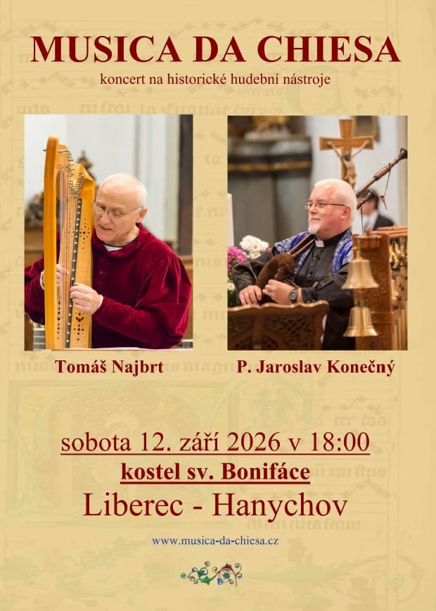 Plakat koncertowy Musica da Chiesa przedstawiający dwóch mężczyzn grających na instrumentach historycznych w kościele.