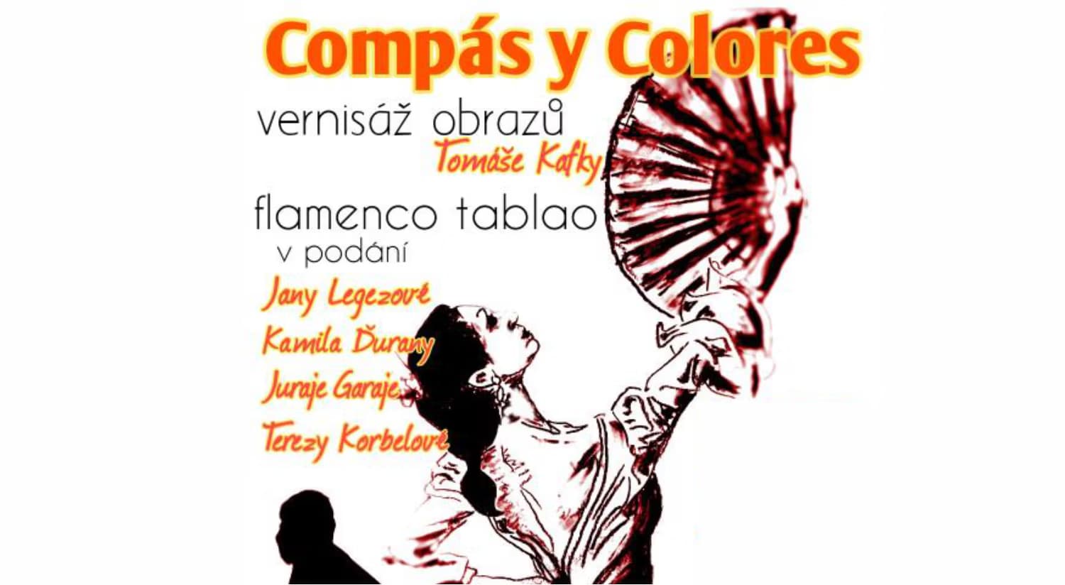 Grafický plakát s motivem tanečnic flamenca a oranžovým textem oznamující vernisáž obrazů a taneční vystoupení.