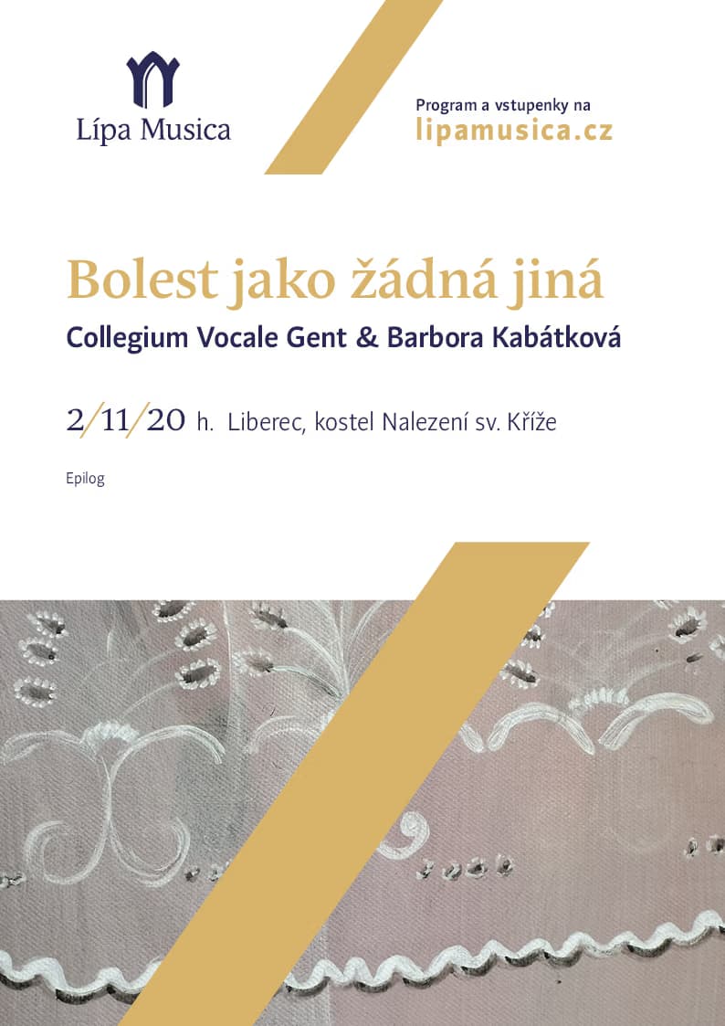 Concert announcement poster for Lípa Musica featuring event details and white lace pattern.