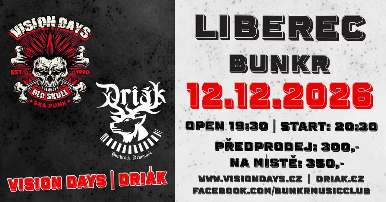 Concert poster for Vision Days and Driák bands in Liberec Bunkr club on December 12th, 2026.