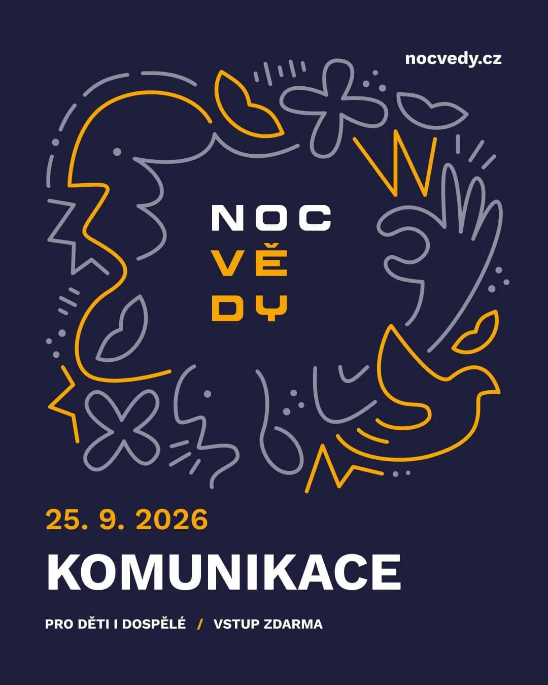 Graphic poster with the text Noc vědců featuring stylized line art on a dark blue background.