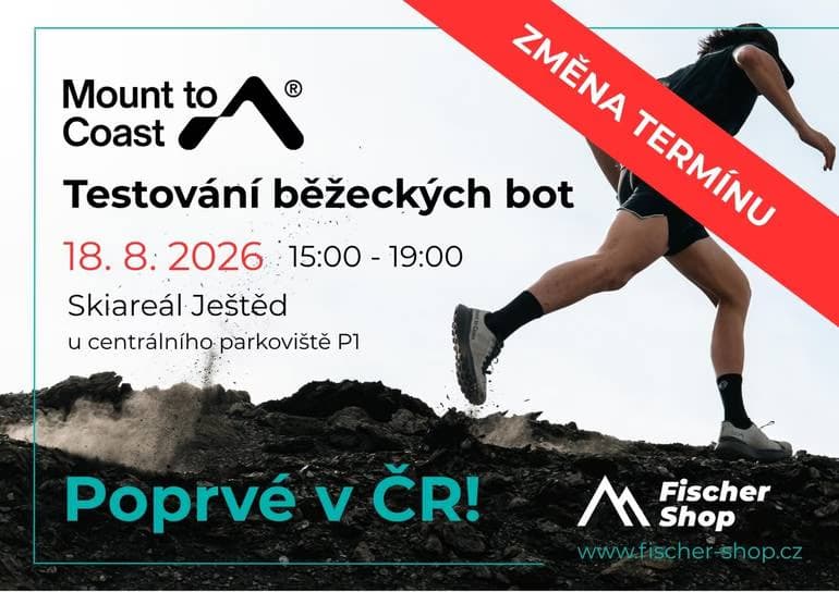 A runner leaps over dark ground, with event text for a shoe testing session in the background.