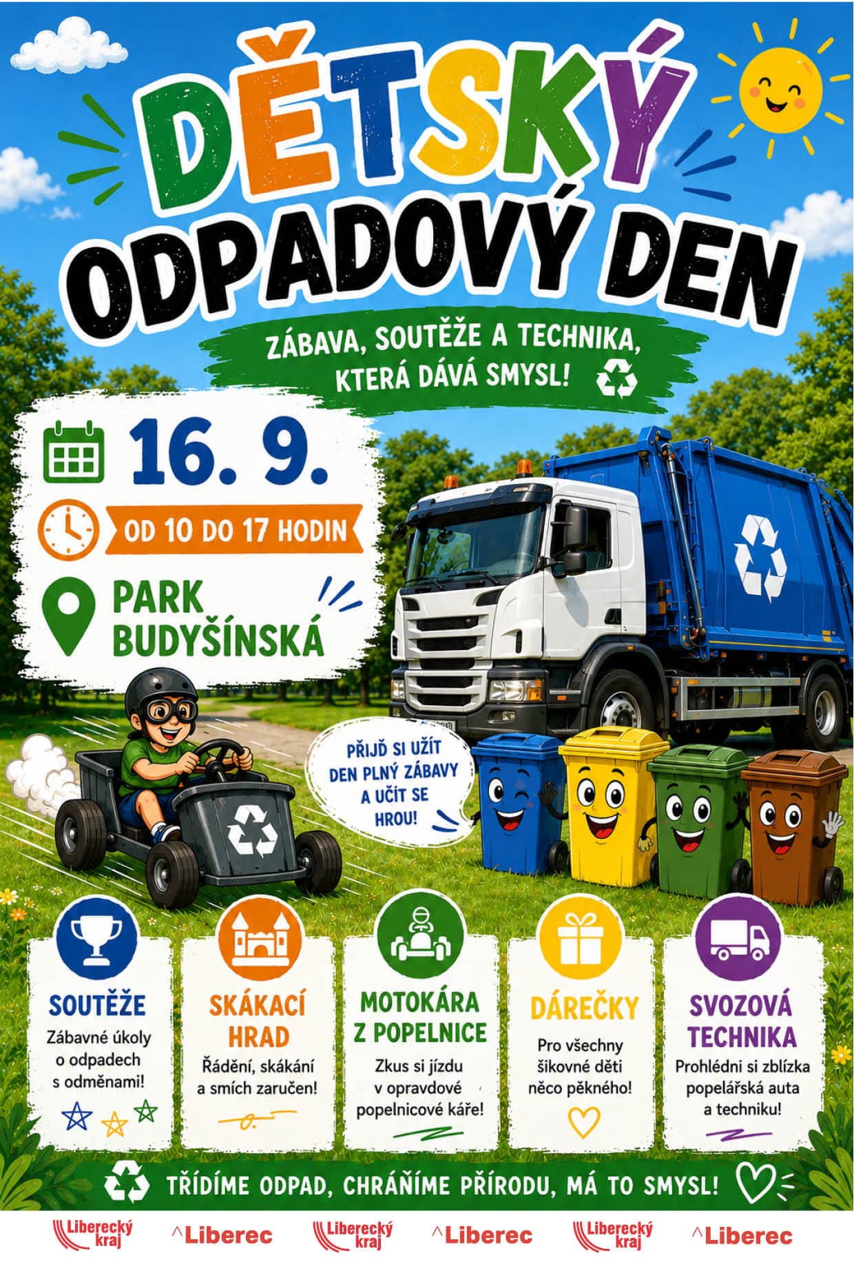 Colorful event poster for a children's recycling day with a garbage truck and event information.