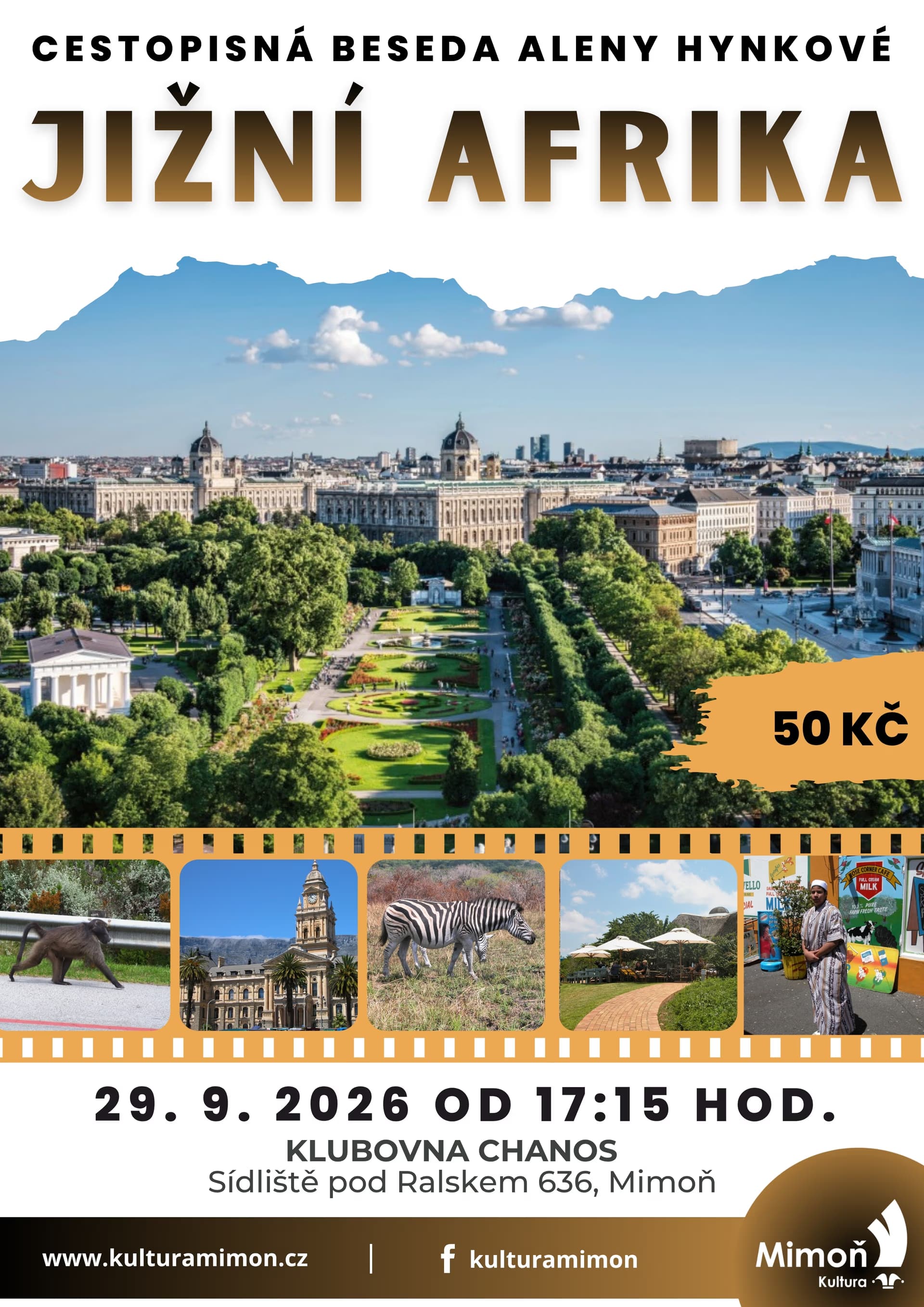 Reisevortragsplakat über Südafrika mit einer Stadtlandschaft und kleineren Tierfotos.