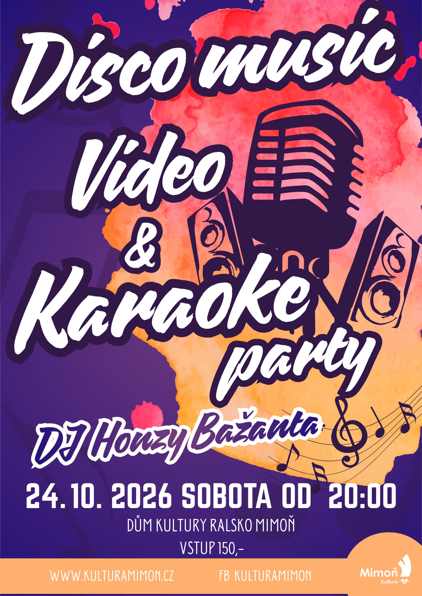 Event poster for a disco music and karaoke party with DJ Honza Bažanta in Mimoň.