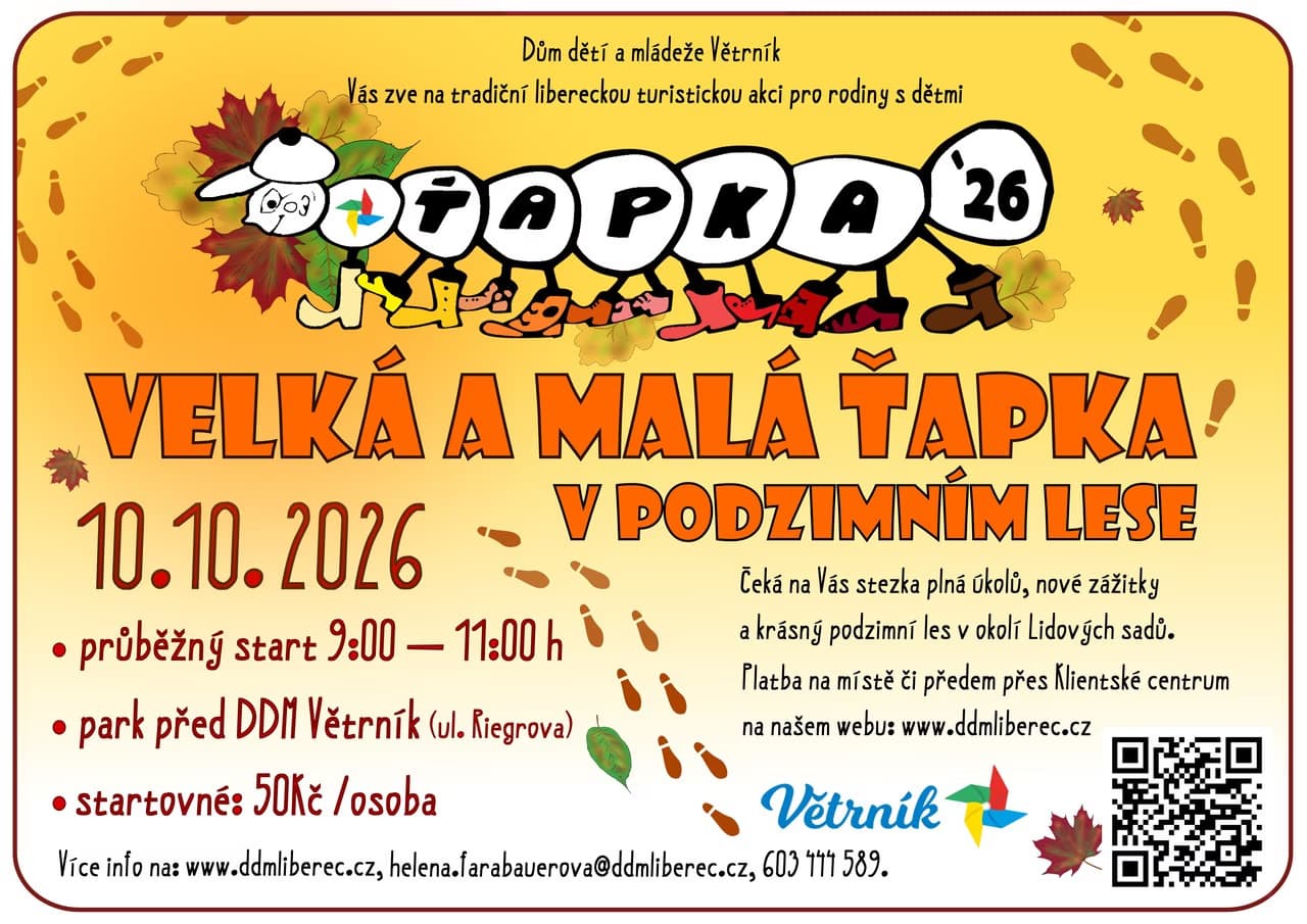 A poster for an autumn family event featuring a caterpillar cartoon and footprint graphics.