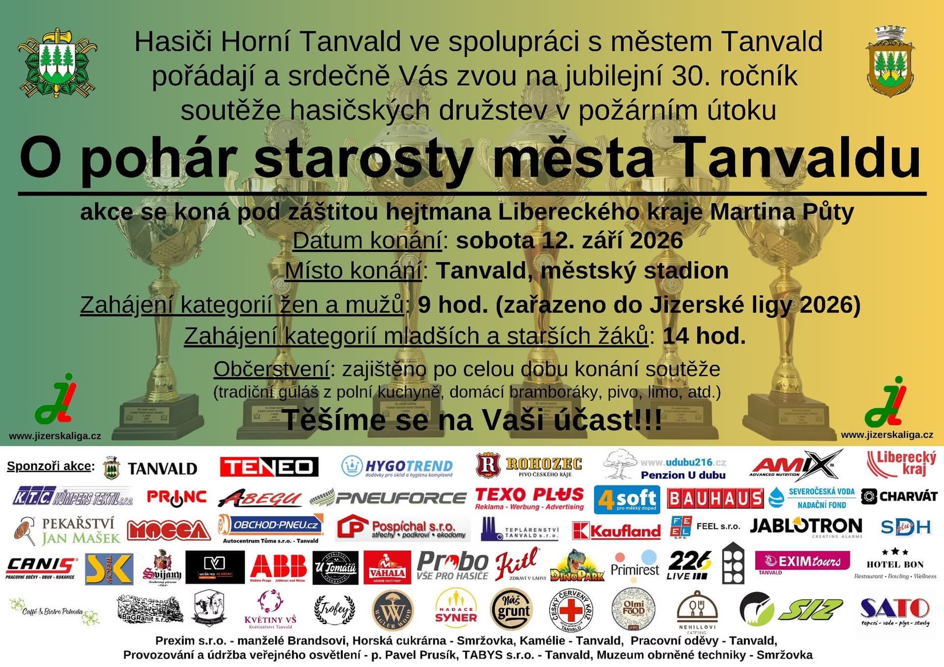 Plakat informacyjny zawodów strażackich z pucharami i logotypami wielu sponsorów.
