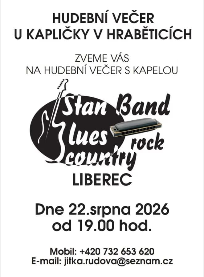 A flyer announcing a concert with Stan Band at Hrabětice chapel on August 22nd.