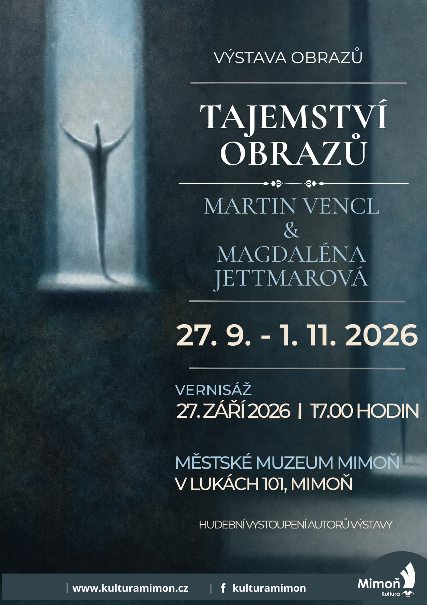 Plakat für eine Kunstausstellung mit einer Figur im Fenster und Veranstaltungsdetails auf blauem Grund.