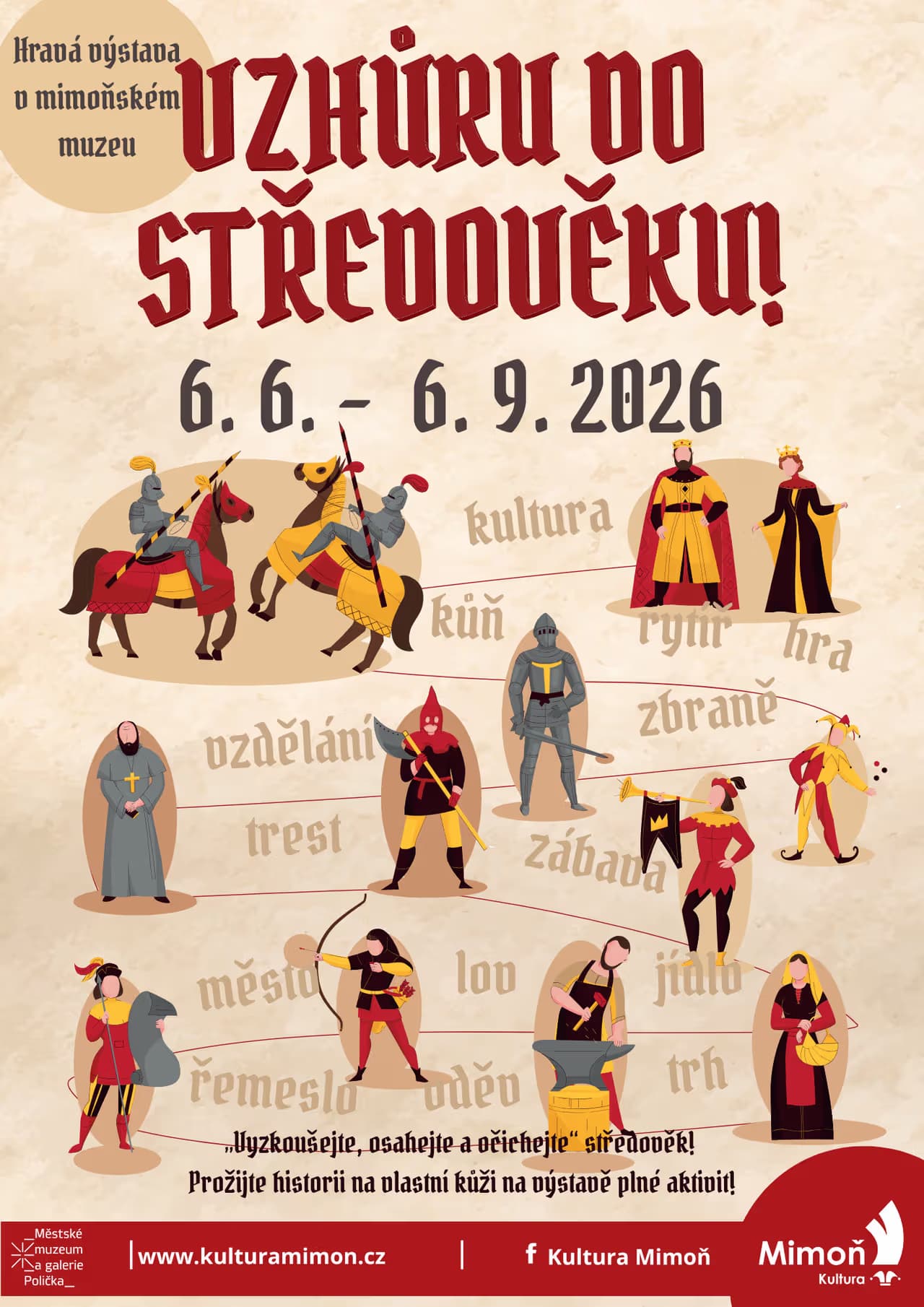 Exhibition poster titled Up to the Middle Ages showing medieval figures and activities on beige paper.