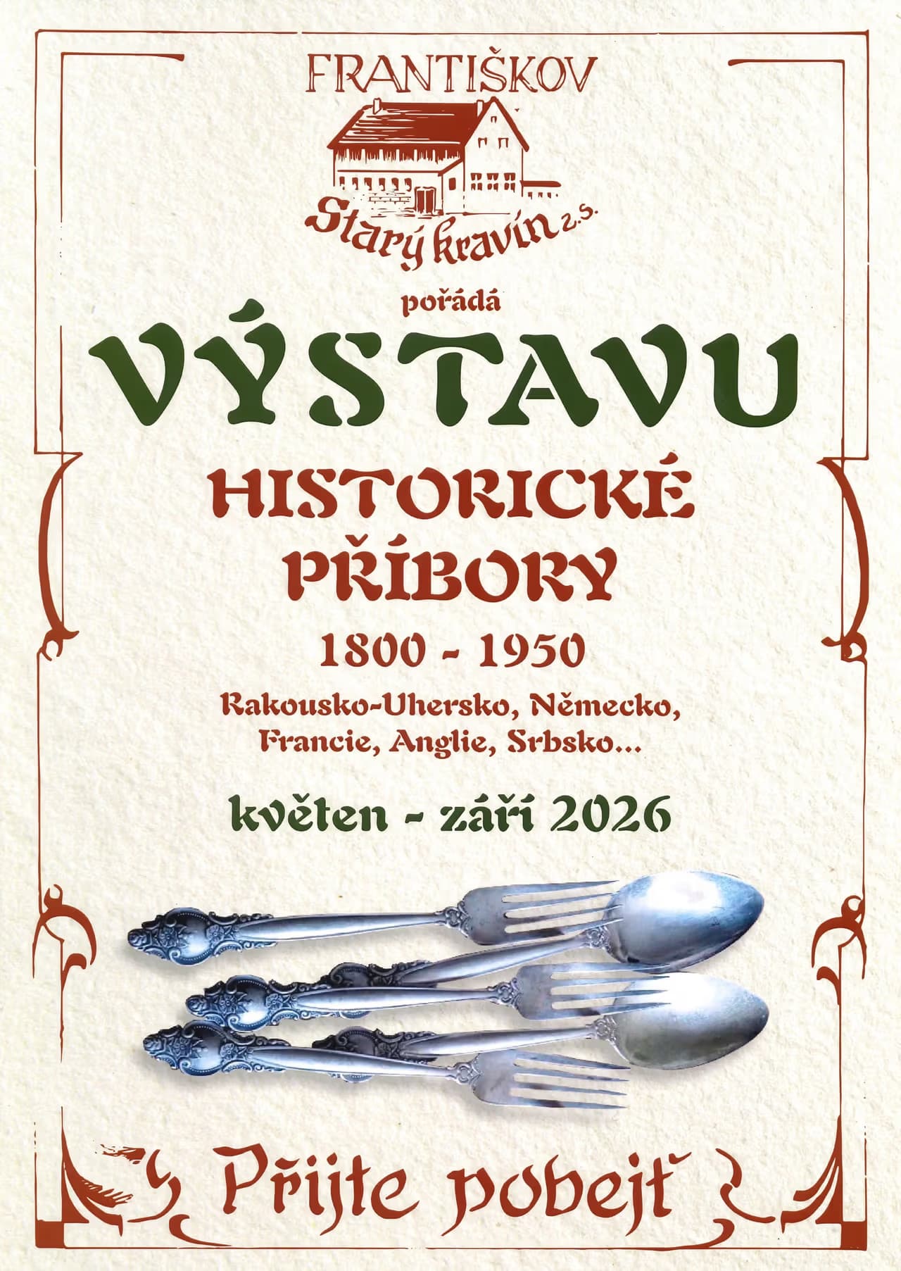 A poster for an exhibition of historical cutlery at Stary Kravin with an illustration of antique spoons and forks.