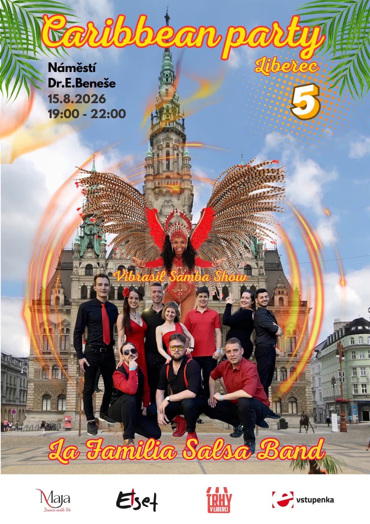 A Caribbean party event poster showing dancers in front of the Liberec town hall.