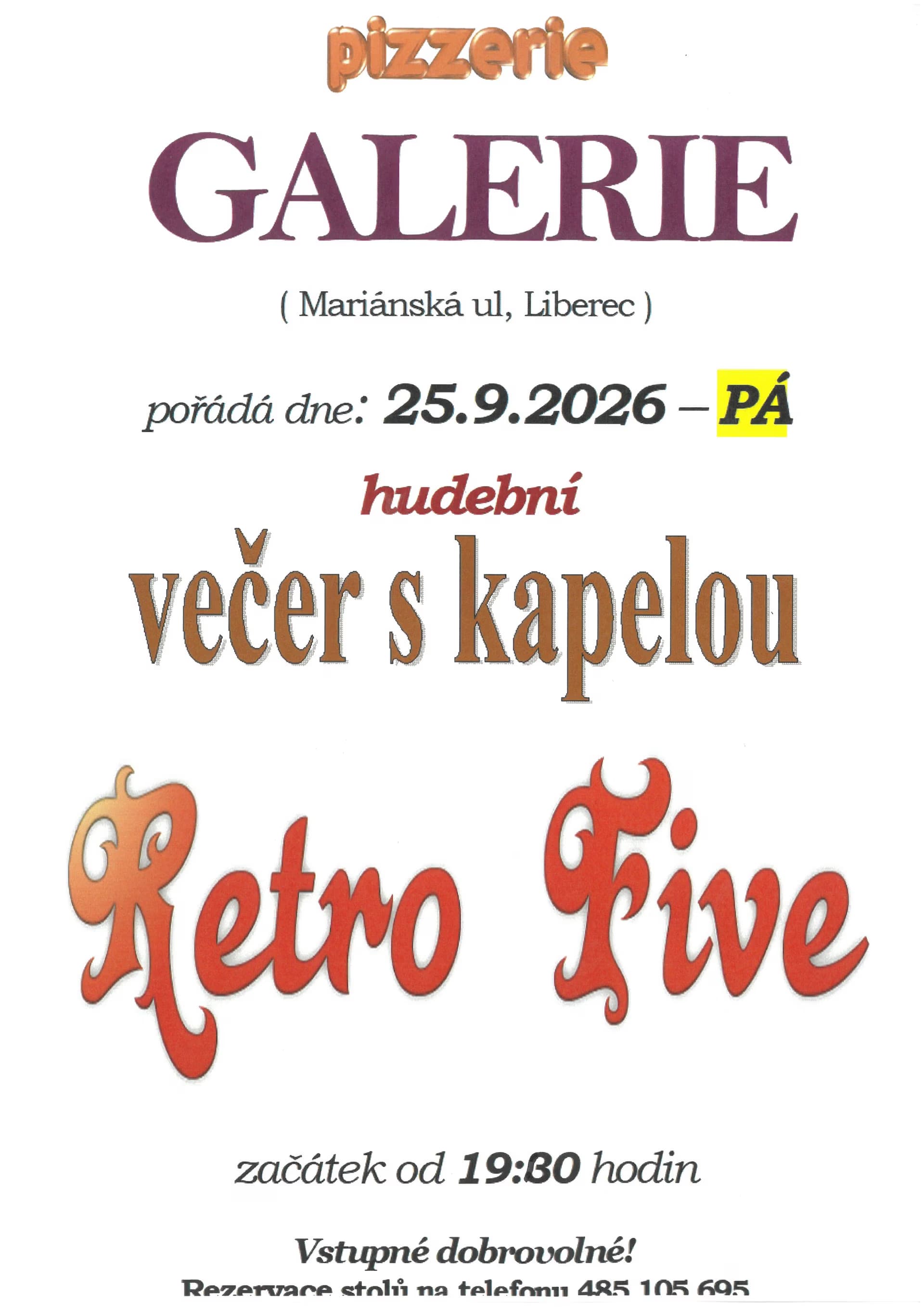 A promotional poster for a music evening with the band Retro Five in Pizzerie Galerie, Liberec.