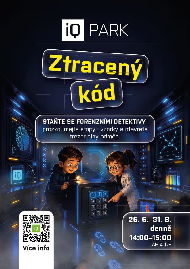 Kreslený chlapec a dívka v laboratoři zkoumají trezor obklopeni neonově modrými obrazovkami.