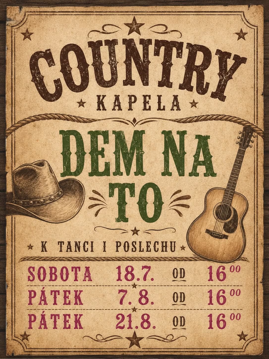 A vintage-style country music poster features a cowboy hat, acoustic guitar, and event dates.
