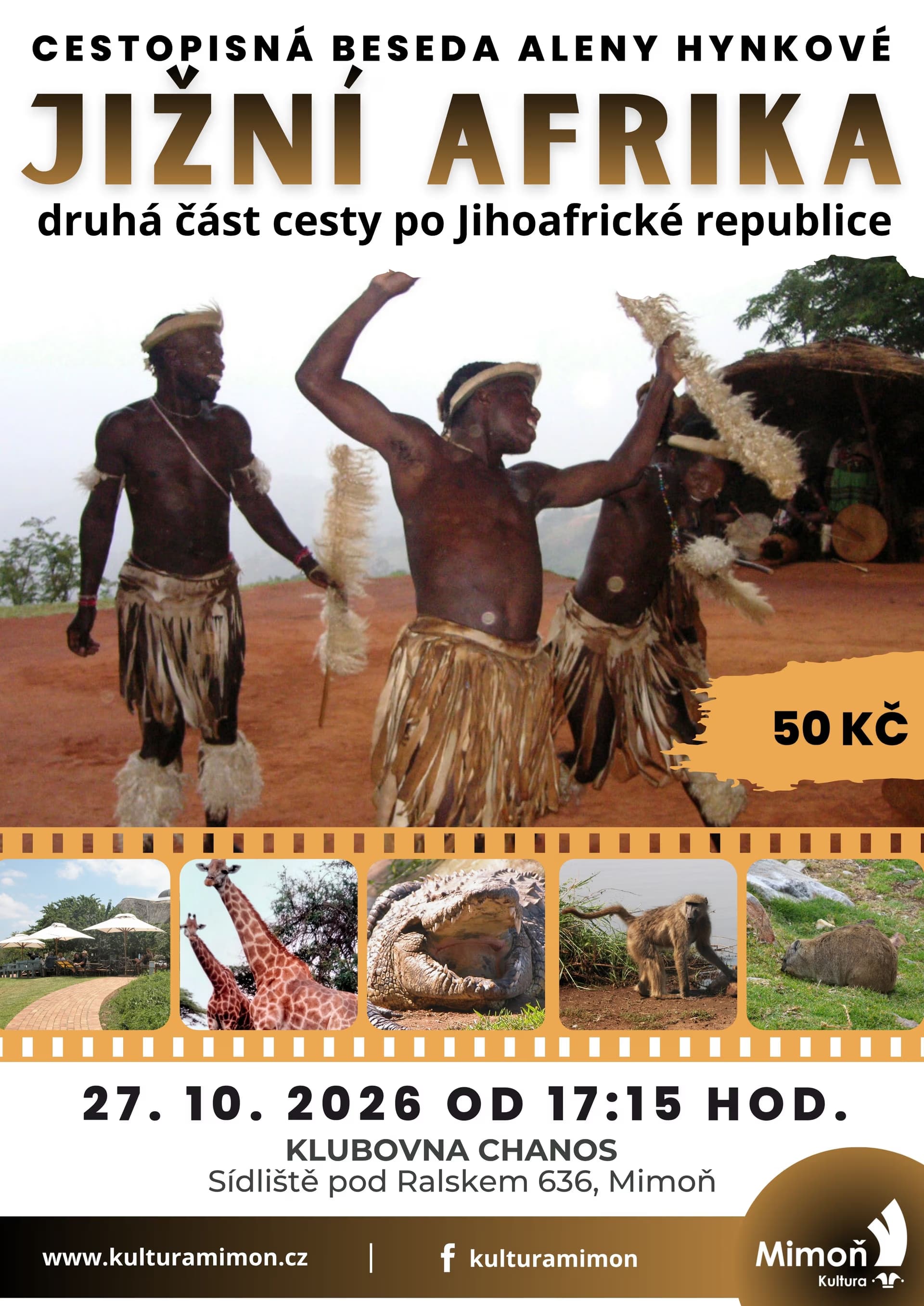 A poster for a travel presentation about South Africa featuring dancers and wildlife photos.