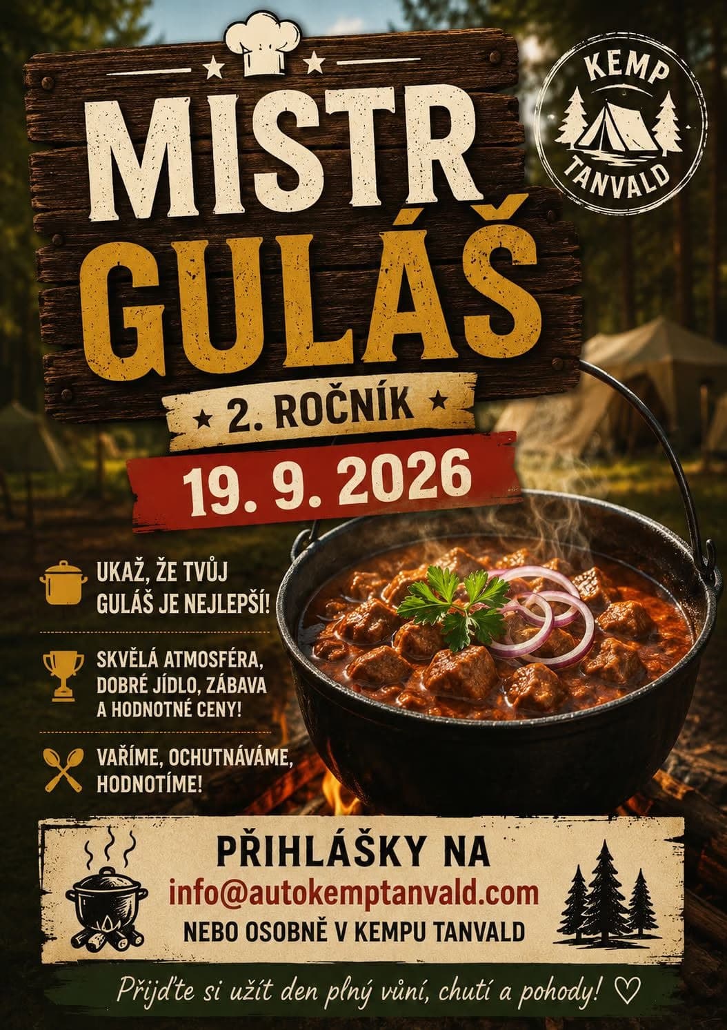 Plakát na kulinářskou soutěž Mistr Guláš s obrázkem kotlíkového guláše nad ohněm.