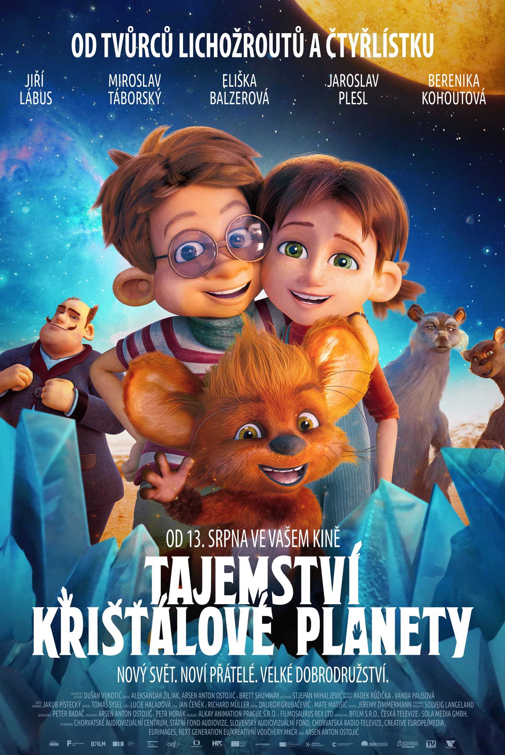 Filmový plakát s animovanými postavami dětí a chlupatého tvora na pozadí vesmírné krajiny.