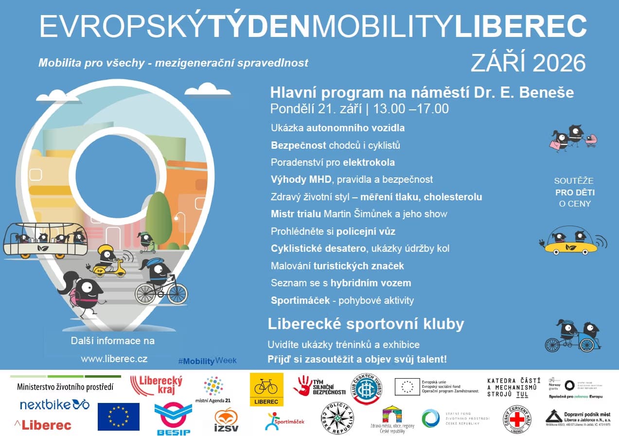 Niebieski plakat promujący Europejski Tydzień Mobilności w Libercu z listą wrześniowych aktywności.