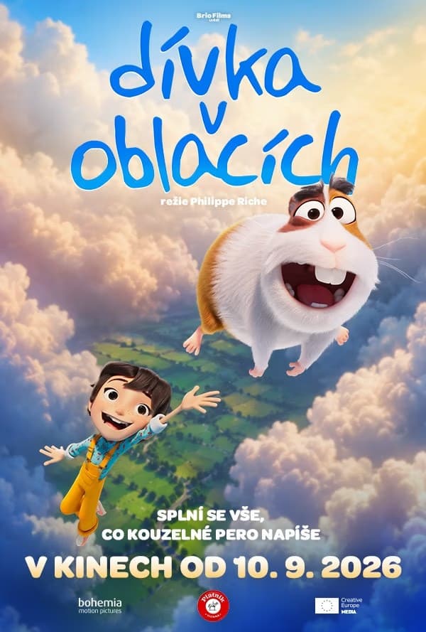 Animované dítě a morče létají nad mraky na plakátu k filmu.