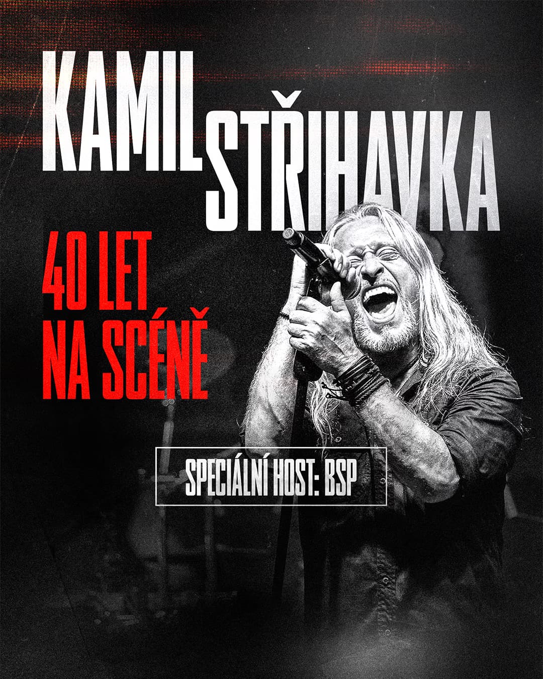 Kamil Střihavka zpívá na pódiu během svého koncertu k 40 letům na scéně.
