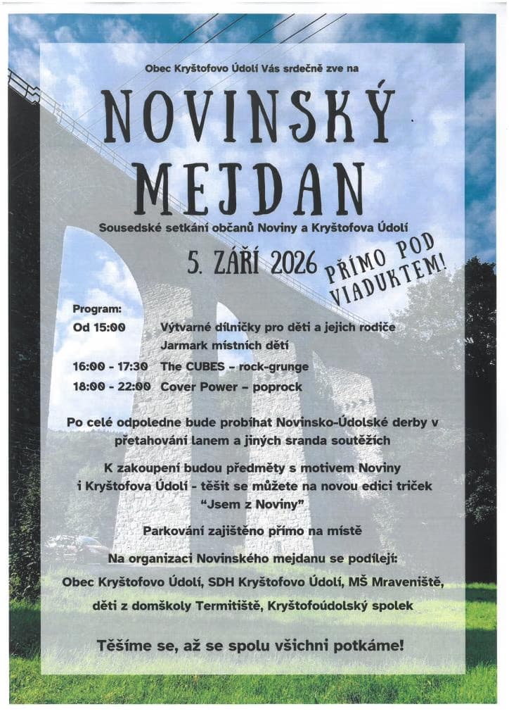 Event poster for Novinský Mejdan featuring a viaduct in the background and event details.