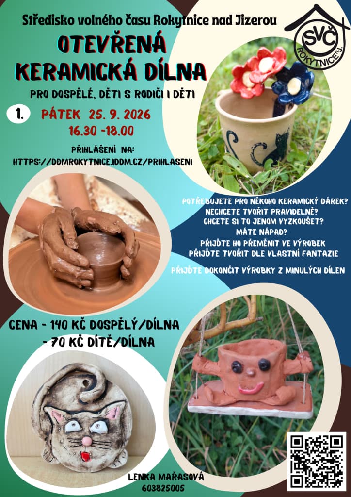 Ulotka zapraszająca na otwarte warsztaty ceramiczne w Rokytnicy nad Jizerou ze zdjęciami ręcznie robionej ceramiki.