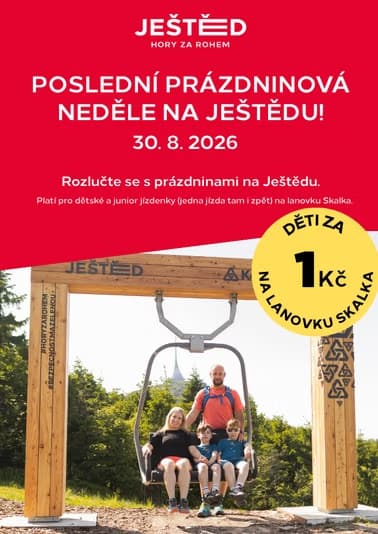 A family of four sits on a ski lift chair frame at Ještěd, with promotional text above.